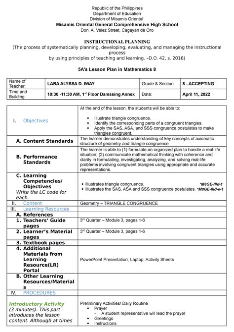 5as lesson plan